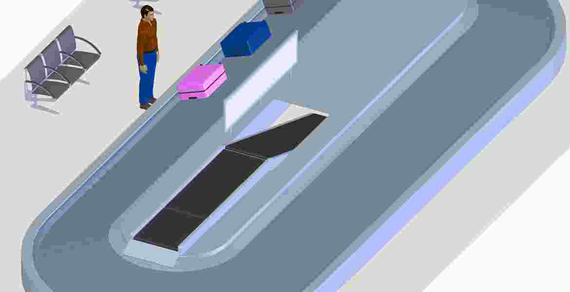 De eindfase van het Bagageafhandelingssysteem - reisbagage wordt afgeleverd aan de passagiers.