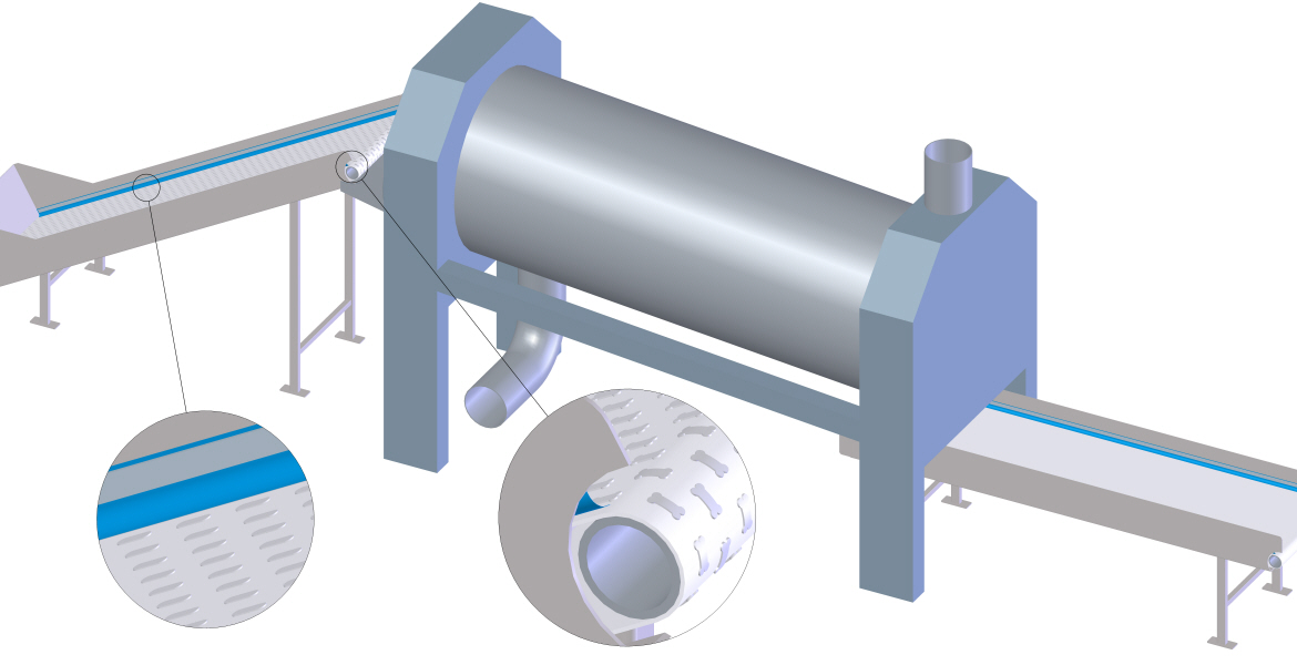 Neste passo, as fatias são direcionadas por transportadoras inclinadas até ao primeiro DCC (cilindro de condicionamento direto). Aqui, as folhas frágeis são tratadas com calor e vapor para as tornar novamente flexíveis. Também podem estar presentes liquidos adicionais (para adição de aromas).