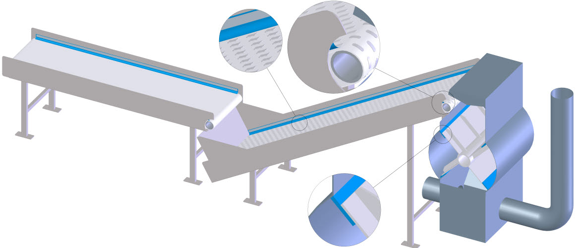 Neste passo, os vedantes têm de ser herméticos e o material da correia tem de ser à prova de tabaco, compressível e resistente ao desgaste. As correias da gama com tecido de borracha ligeira, com a sua camada interior de borracha natural, possuem estas três características. As máquinas de batimento ("tumbler") são alimentadas por transportadores inclinados.