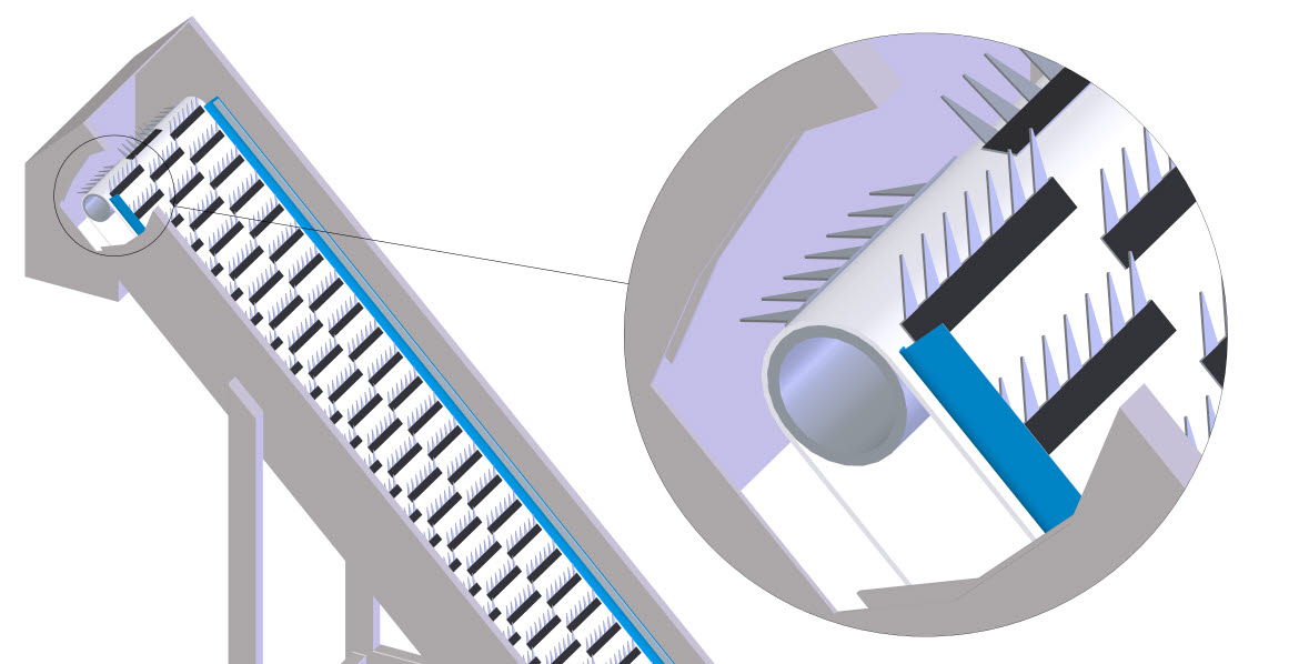 A correia de alimentadora é utilizada para levar o tabaco para as transportadoras do silo de mistura.
