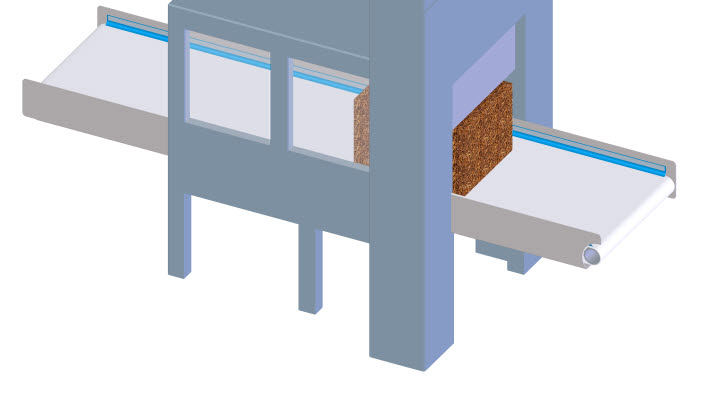 Os grandes blocos de tabaco são cortados em fatias por um sistema automático de guilhotina. Esta operação pode ocorrer numa correia ou entre duas correias.