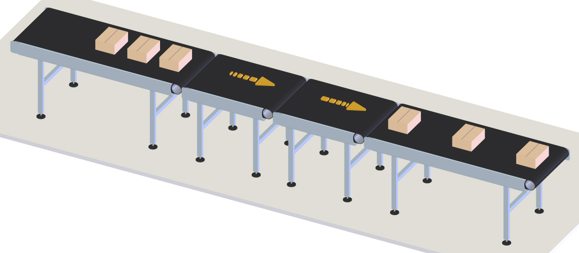Alimentação de objetos no sistema de classificação em intervalos regulares. Quatro a seis transportadores seccionados para espaçamento permitem uma alimentação precisa do sistema de classificação.