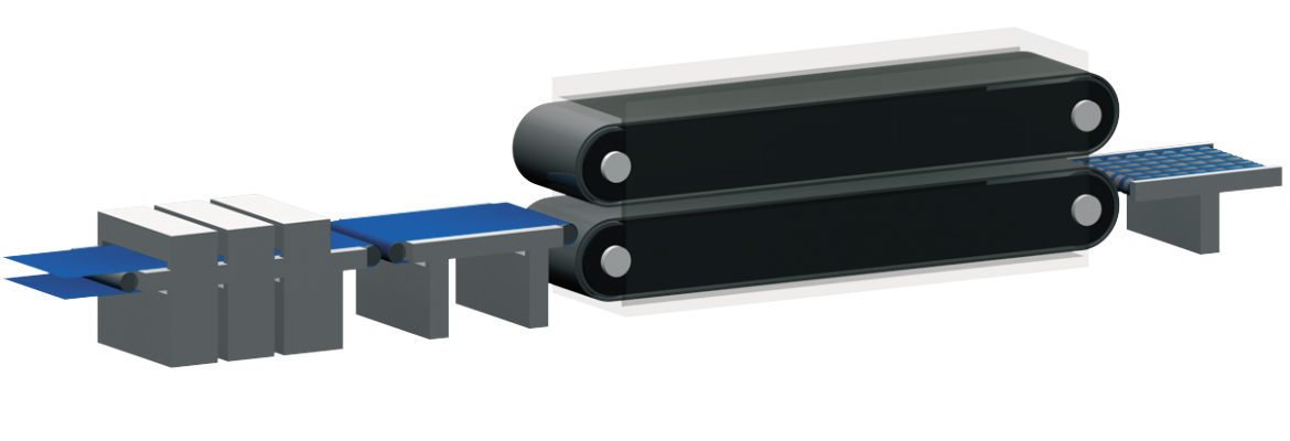 Depois da estação pré-prensa, o painel de fibra é transportado para as estações de prensagem, cortado e alimentado na prensa de aberturas múltiplas. Um cilindro gigante comprime os painéis até à sua forma e densidade finais.