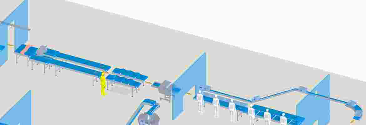 A carcaça é processada em produtos e subprodutos em vários passos. A velocidade da desossa é determinada pelo fornecimento de carcaças ou de peças da carcaça. Isto mantém a pressão na carga de trabalho e, consequentemente, na produção. A carne desossada e os subprodutos são colocados em caixotes ou numa correia transportadora e transportados para outro ponto.