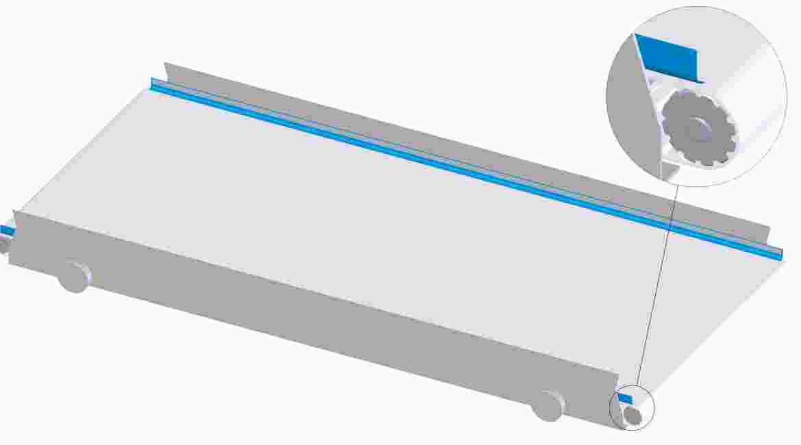 Für diese Anwendung ist eine geeignete Konstruktion des Förderbandsystems von entscheidender Bedeutung: Das Band läuft bidirektional auf einem Schienensystem.