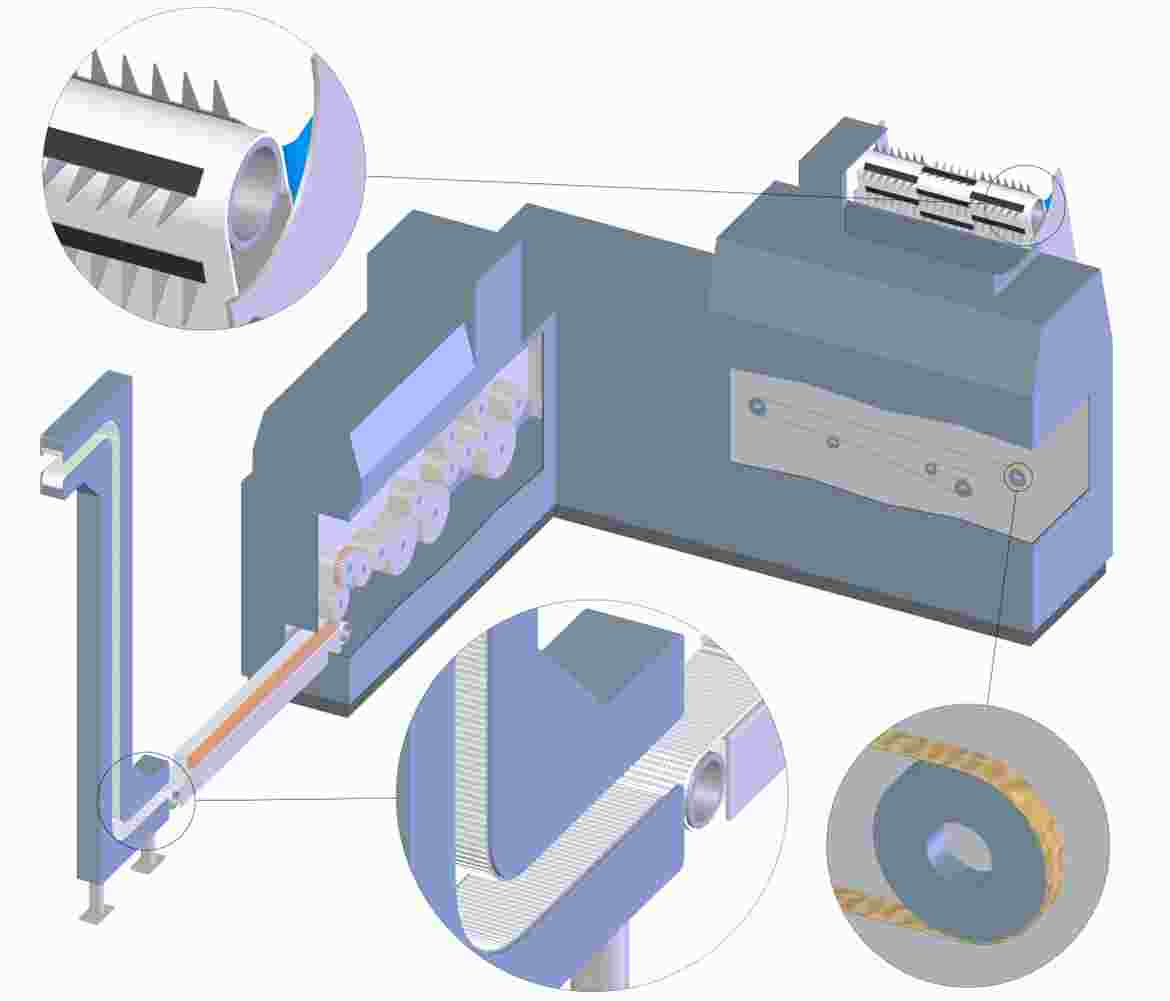 Il tabacco trinciato viene trasportato al maker tramite tubi e, dunque, fatto girare nell’unità alimentatrice. Una volta nel maker, il nastro a ventosa raccoglie e trasferisce la materia prima perché sia trasformata in colonna di tabacco. Le sigarette finite vengono trasportate fuori dal macchinario.