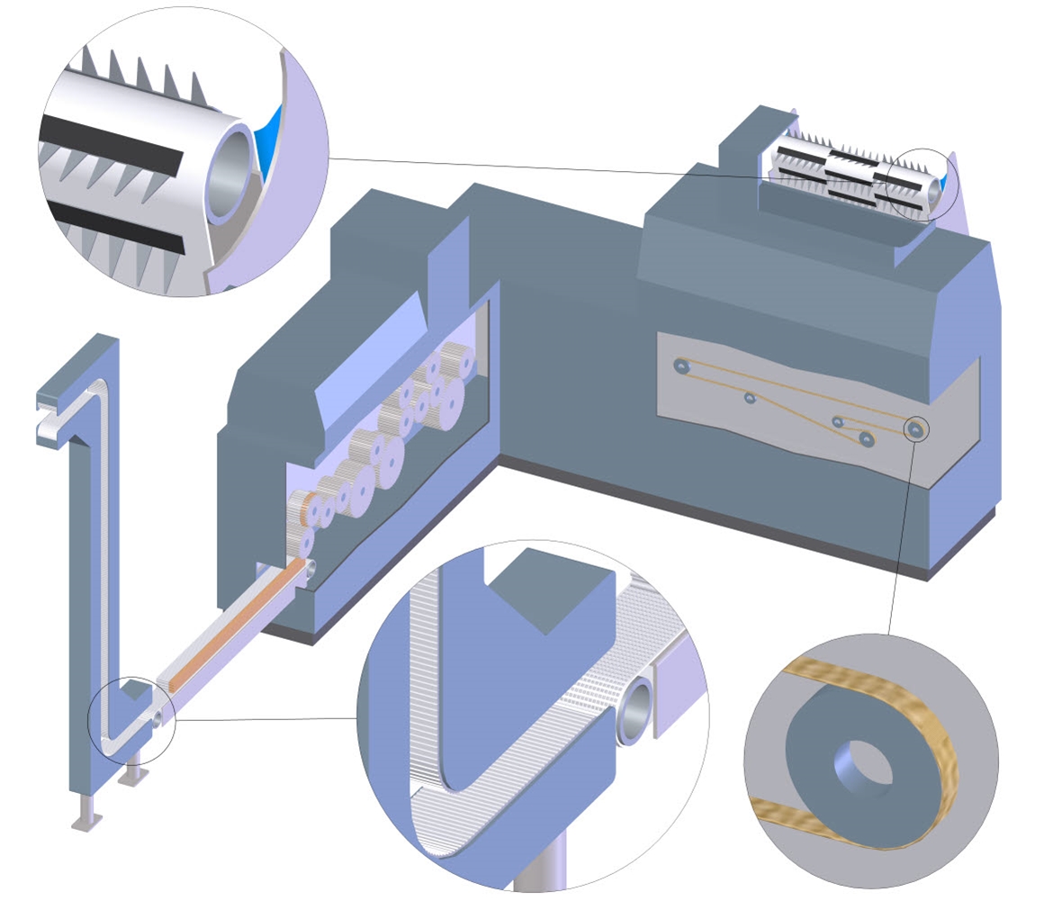 The cut tobacco is transported to the cigarette maker by air (tubes) and then circulated in the feeder unit. Once at the maker, the suction tape collects and conveys the tobacco to create a tobacco rod. The finished cigarettes are transported on belts out of the maker.
