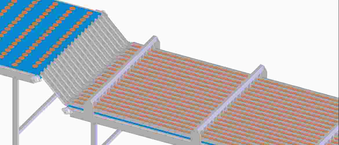 A very delicate stage in the production process, stacking is carried out by a set of conveyors (one of which runs at a lower speed than the other) gently overlapping and piling up the cookies along the metal rails for the horizontal flow-wrap packing equipment.