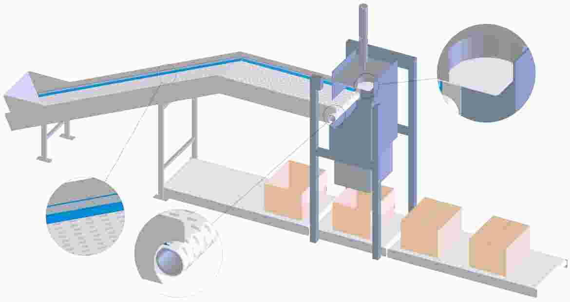 Dry leaves and stems are packed separately in carton boxes to be shipped around the world. Hydrolic steel pushers are used to optimise box-filling.