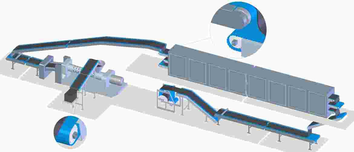 Extrusion is the process by which heated rubber (80 °C - 120 °C) is pushed, under high-pressure, through an extruder head, to pre-shape the rubber. The next step is the cooling line where the rubber (tread, sidewall) is cooled and the dimensions are stabilised.