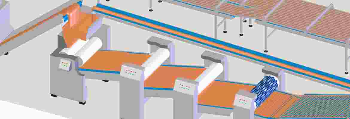 This process step, which ensures regular dough thickness, requires high-quality belt performance for a smooth transfer between the lamination stations.