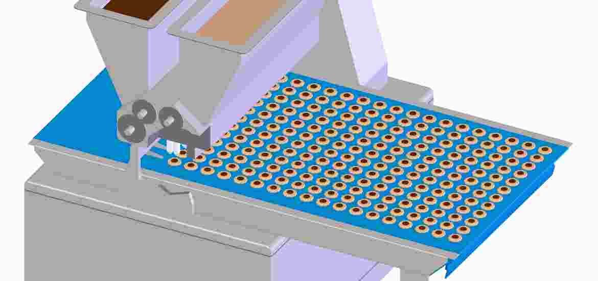 Verschiedene Teigzutaten werden aus Düsen direkt auf das Band extrudiert und formen die Kekse bzw. Plätzchen. Dabei sind Hygiene und Beständigkeit gegen Öl und Fett sehr wichtig.