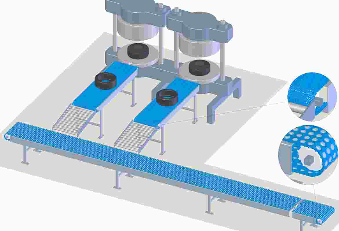 Curing is the process of applying pressure to the green tyre in a mould in order to give it its final shape, and applying heat energy to stimulate the chemical reaction between the rubber and other materials. After the tyres are cured in the press, they are often cooled down on a conveyor belt and then transported to the trench line (collector line).