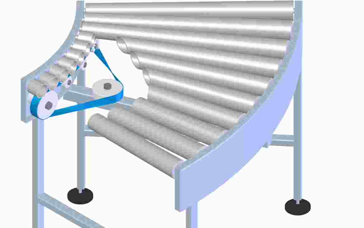 A flat belt drives the conical carrying rollers at the inner radius. Since a flat belt cannot be bent into a curve across its lateral cross section.